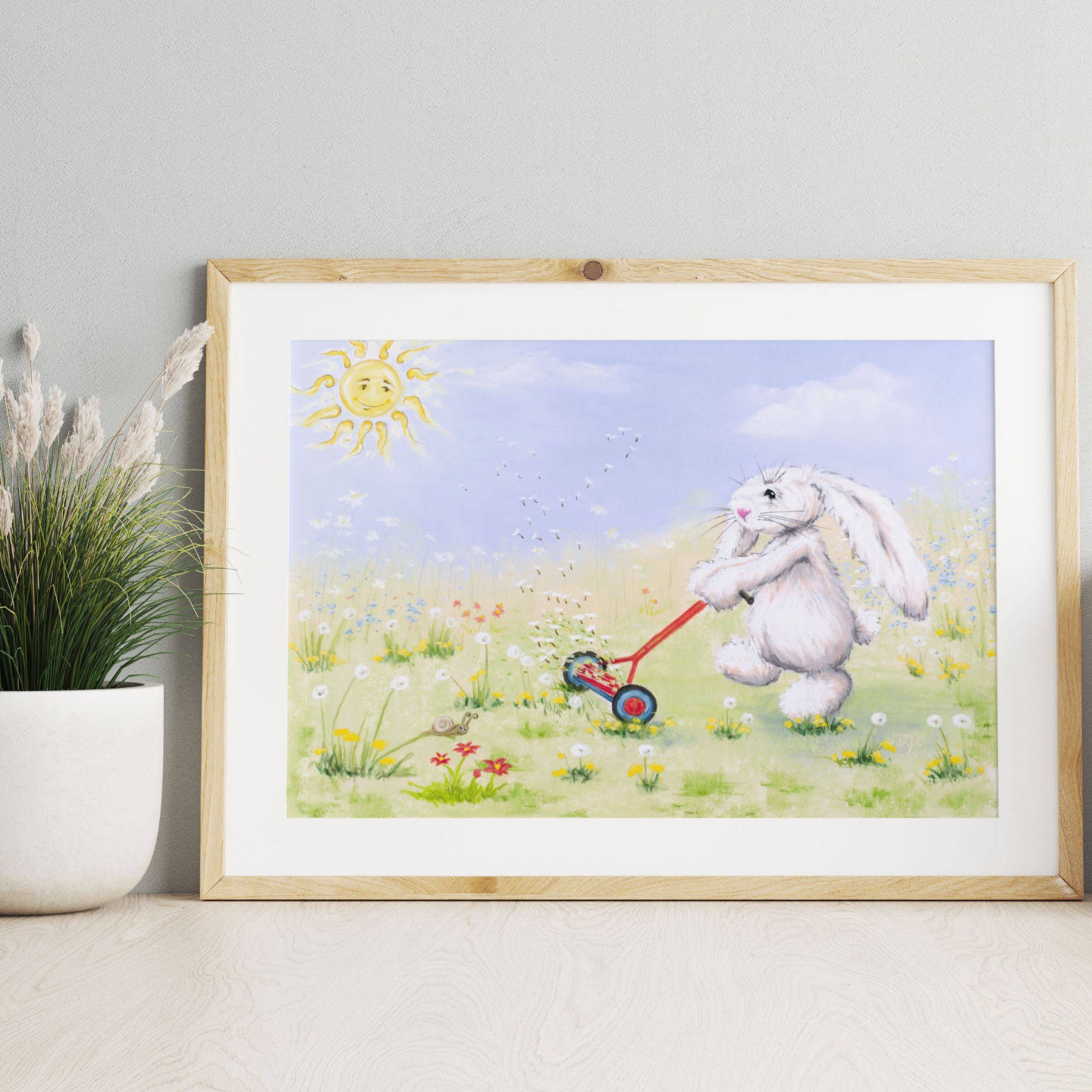 White rabbit, flowers and dandelion seed art print on shelf