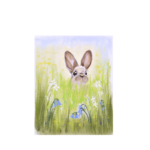 Cute rabbit peeping over the meadow flowers, painting in soft pastels