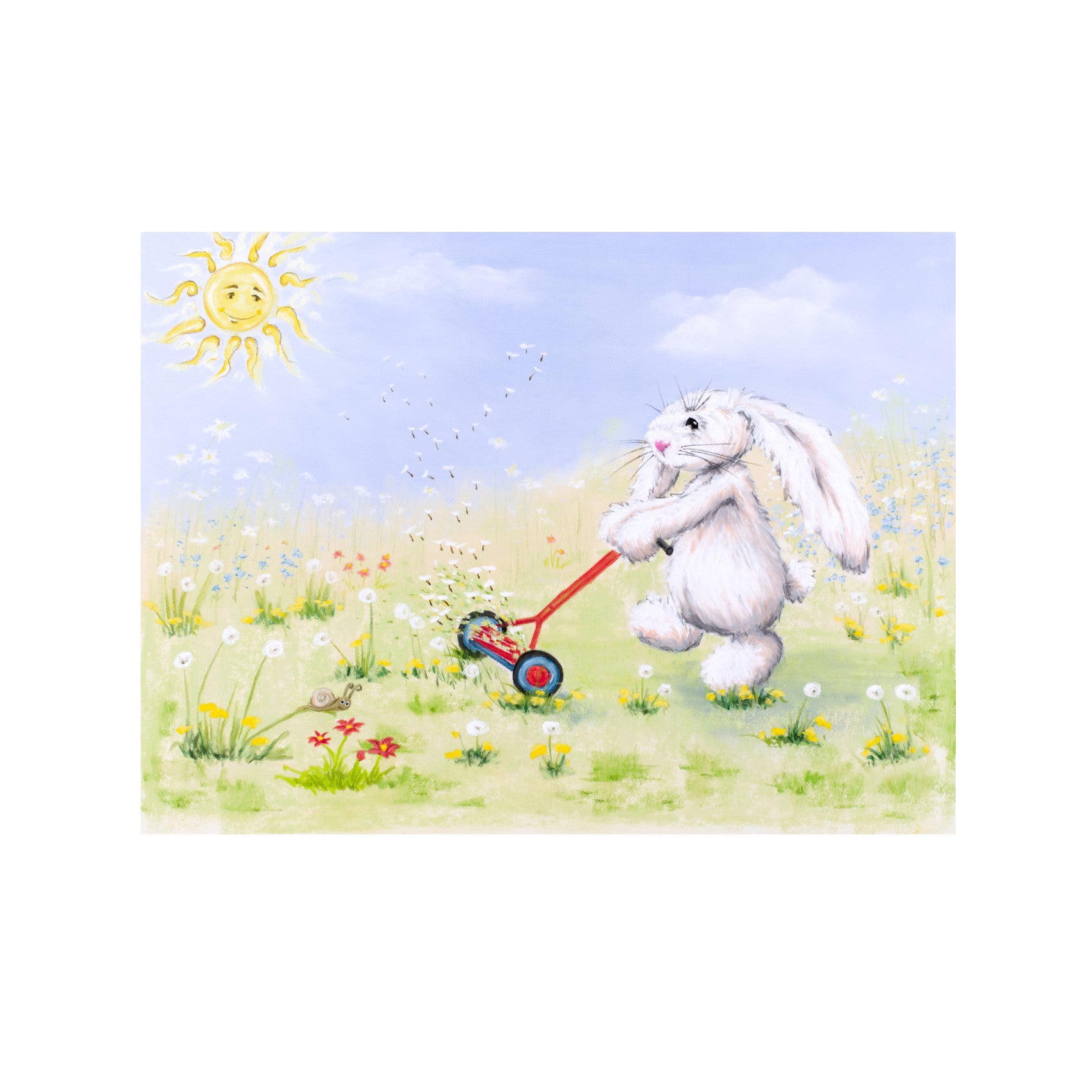 Flopsy rabbit skipping along mowing the dandelions, their seeds float around this painting