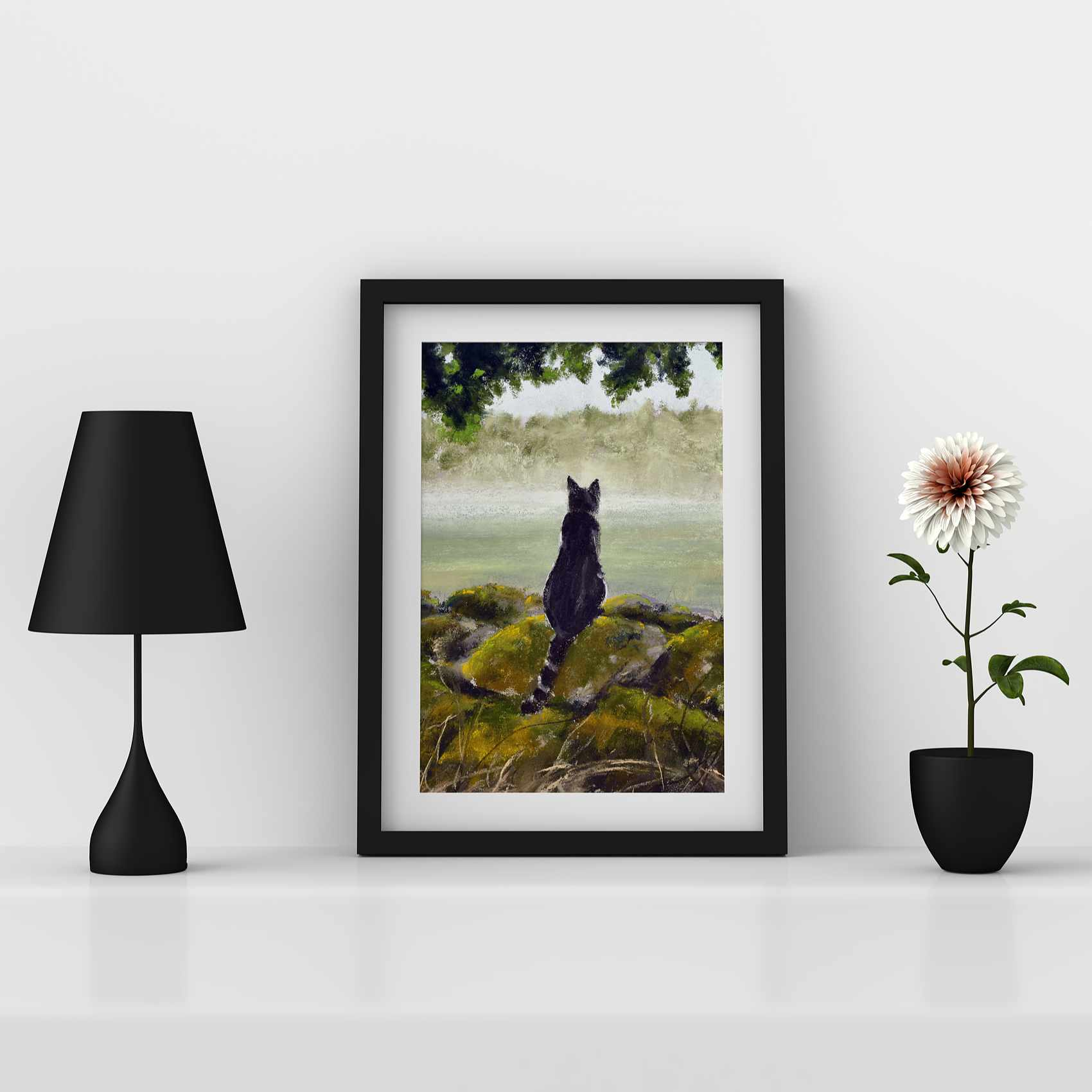 Cat artwork, framed fine art print on shelf with lamp and flower