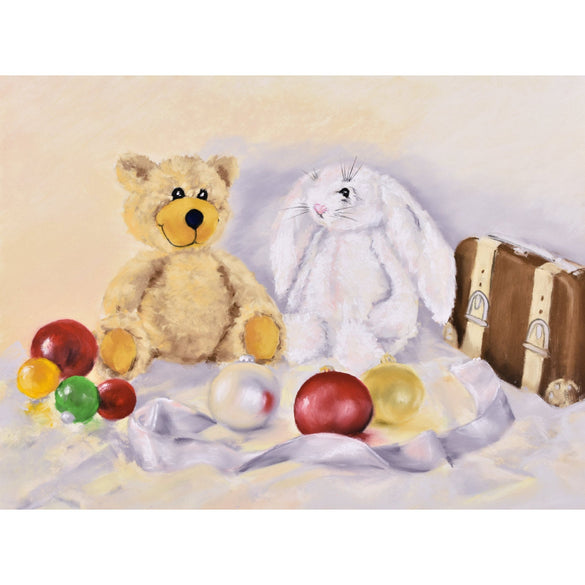 Golden brown teddy bear and white fluffy rabbit surrounded by silken ribbon and Christmas baubles, painting