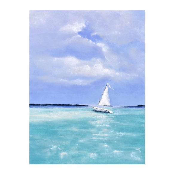 The White Sailboat afloat on tranquil turquoise waters, painting in soft pastels