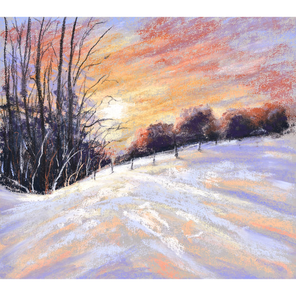 Snowy winter landscape at sunset, painting