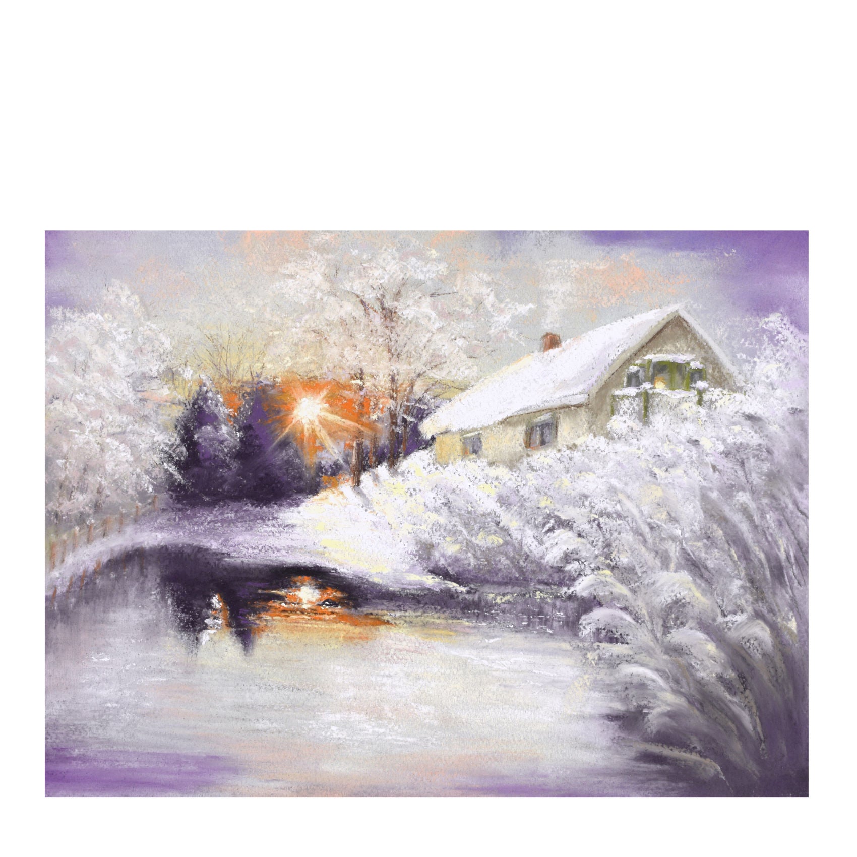 Delicate winter landscape and little house blanketed in snow at sunset