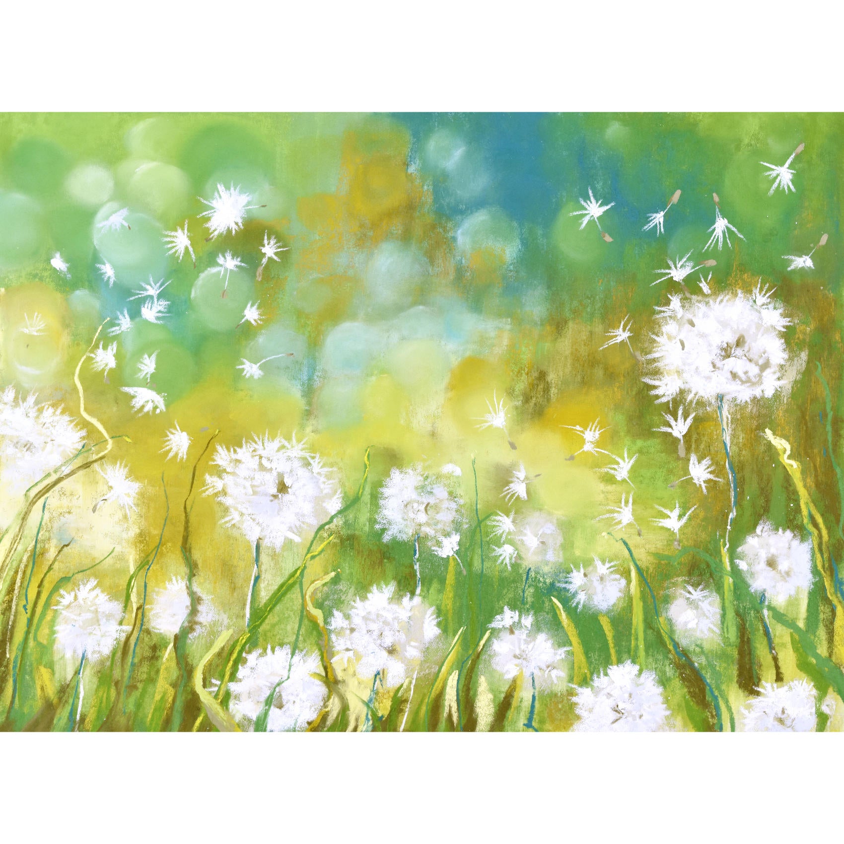 Fluffy white dandelion seed heads and seeds, painting