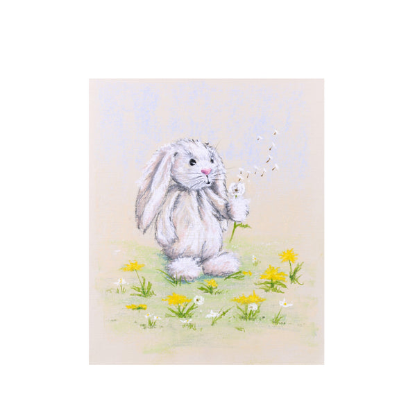 Adorable white rabbit and dandelion seeds, painting