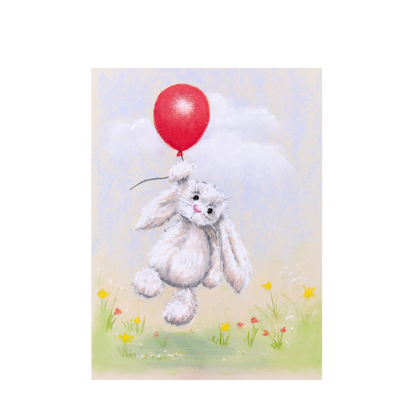 Cute rabbit floating above delicate flowers from a red balloon, art