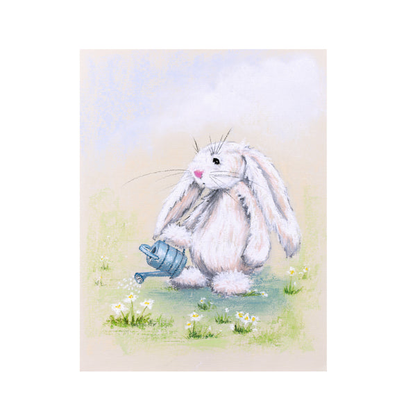 Adorable white rabbit watering the daisy flowers with a little blue watering can, art