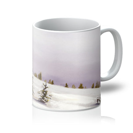 Snow covered trees and winter landscape, art drinks mug