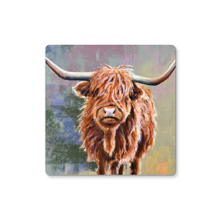 Shaggy Scottish Highland Cow art, square coaster