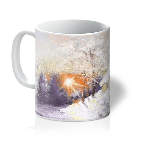 Snowy winter landscape at sunset, art coffee mug