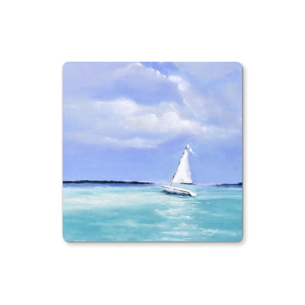 White sailboat drinks coaster. Blue and white drinks coaster