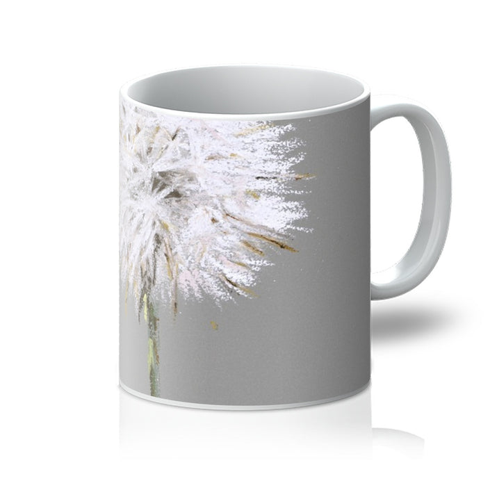 Dandelion seed head art mug in grey and white