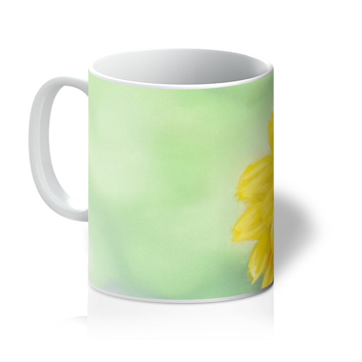 Yellow Dahlia Daisy flower art mug. White, yellow and mint green colour mug