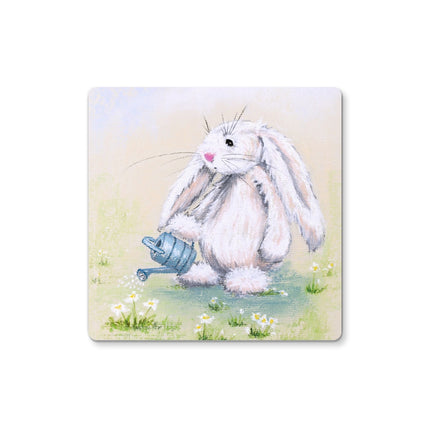 Adorable rabbit and daisies, square art coasters