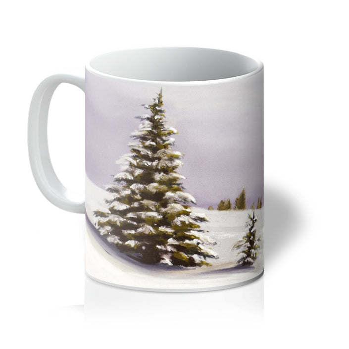 Snow covered trees and winter landscape, art drinks mug