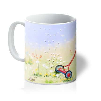 White rabbit, dandelion seeds and meadow art mug.