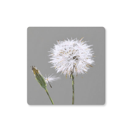 Dandelion seed head art coasters. Grey and white square drinks coasters