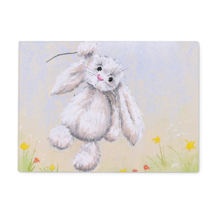 White rabbit floating above the flowers artwork design rectangular worktop saver