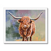 Colourful Scottish Highland Cow painting, art print in a white frame