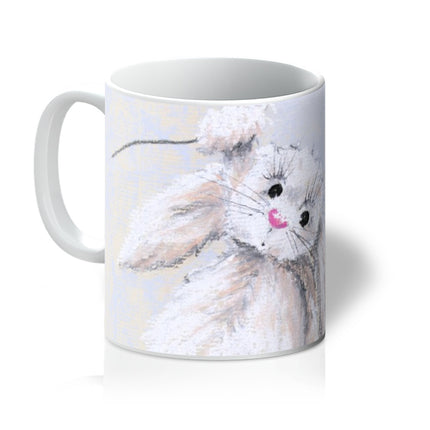 White rabbit art mug. Blue and white coffee mug