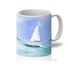 White sailboat art coffee mug. Blue and white design