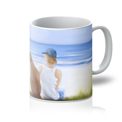 Boy and his dog at the beach, art mug