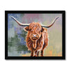 Colourful Scottish Highland Cow painting, art print in a black frame