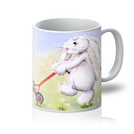 White rabbit, dandelion seeds and meadow art mug.