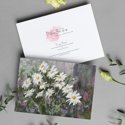 White daisy flowers artwork greeting card. Front and back views.