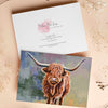 Colourful Scottish Highland Cow artwork greeting card.