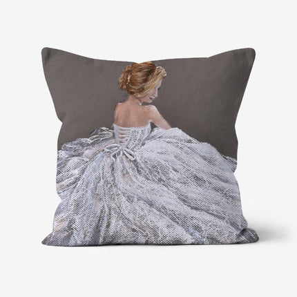 Elegant modern lady in a white dress art design throw cushion. 12x12 inches square