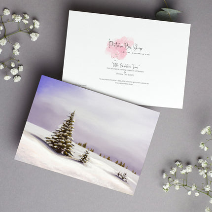 Winter landscape with snow covered trees. Art greeting cards. Front and back view