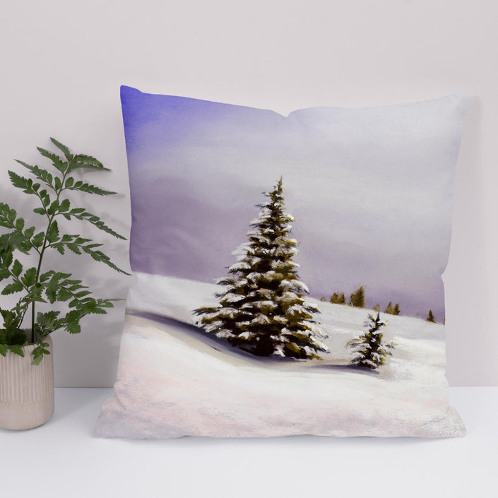 Snowy winter landscape art sofa cushion. Lilac, white and pink colours