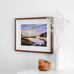 Sunset on a marshland fine art print in a wooden frame