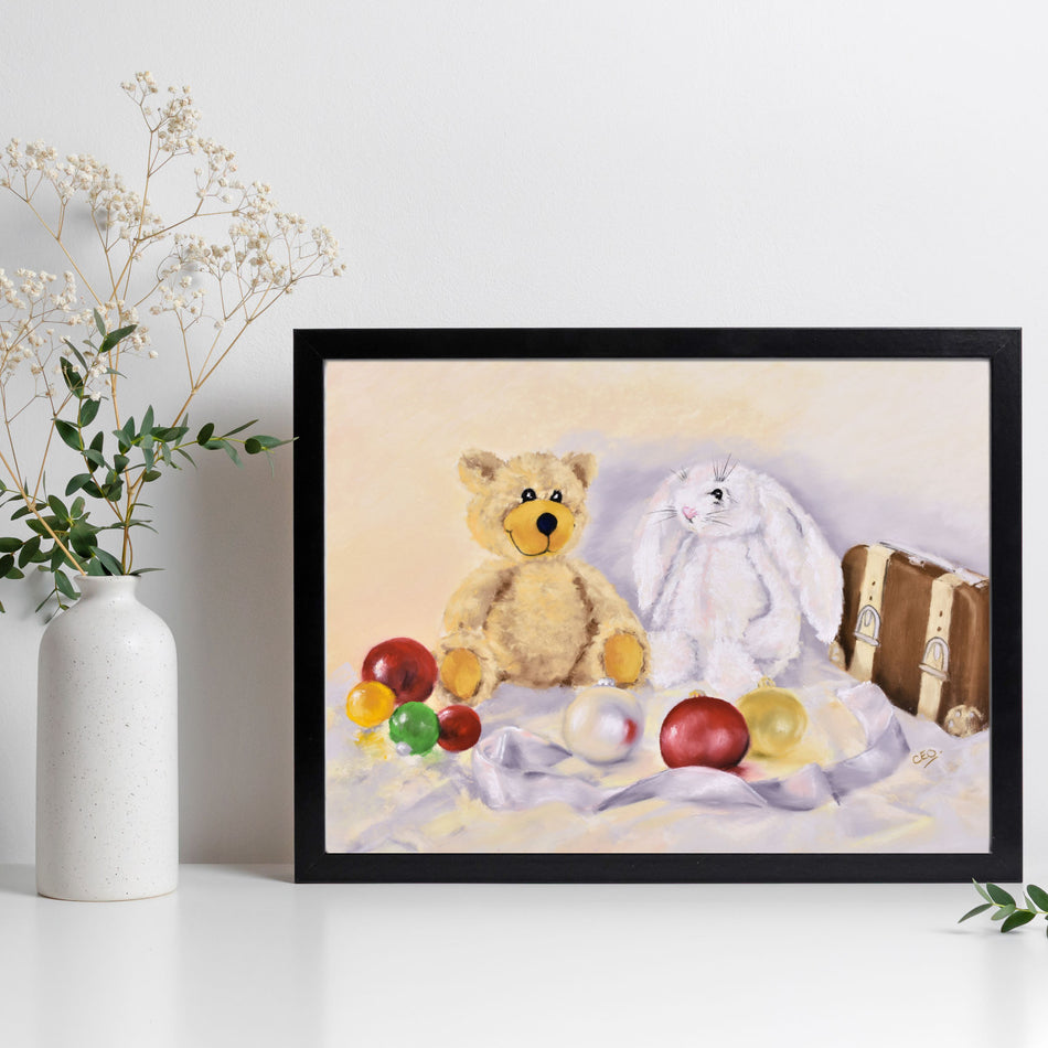 Teddy bear, a white fluffy bunny rabbit toy and Christmas Baubles, fine art print in a black frame. Landscape orientation