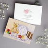 Teddy bear, fluffy rabbit soft toy and Christmas baubles, art greeting card. Front and back view