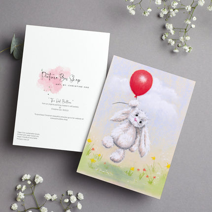 Adorable rabbit, flowers and balloon, artwork greeting card. Front and back view