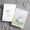 Adorable white rabbit, daisies and watering can, art greeting card. Front and back view