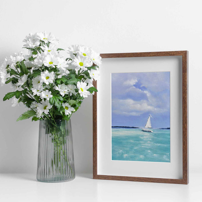 White sailing boat, nautical fine art print in a wooden frame