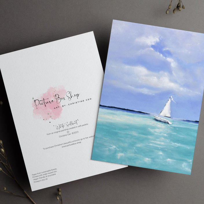 White Sailboat, nautical art greeting card. Front and back views