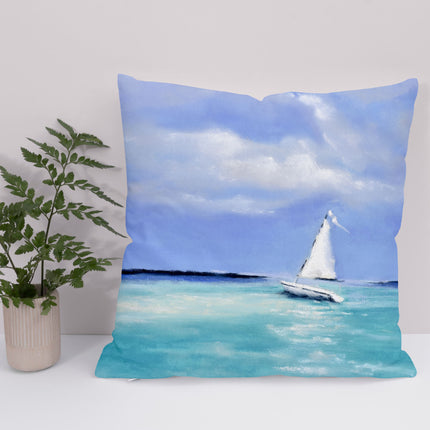 White Sailboat, decorative blue and white throw pillow