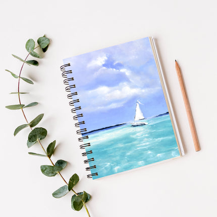 White sailboat, nautical art cover design spiral bound notebook.