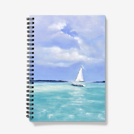 White sailboat on calm turquoise sea, nautical artwork design, spiral bound notebook