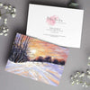 Snowy landscape at sunset, artwork greeting card. Front and back view