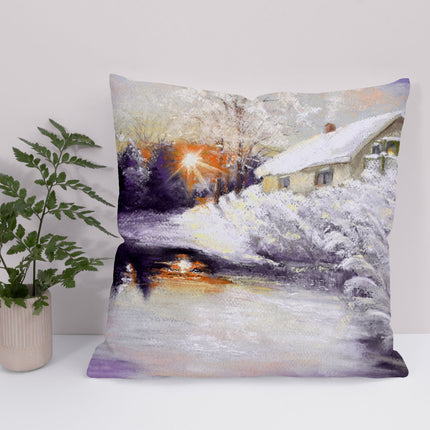 Snowy winter scene, decorative cushion. Square