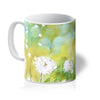 White Dandelion seed heads and seeds art design mugs. Yellow and white.