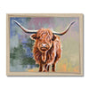 Colourful Scottish Highland Cow painting, art print in a wooden frame