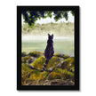 Black cat overlooking a misty landscape art print in a black frame. Portrait orientation