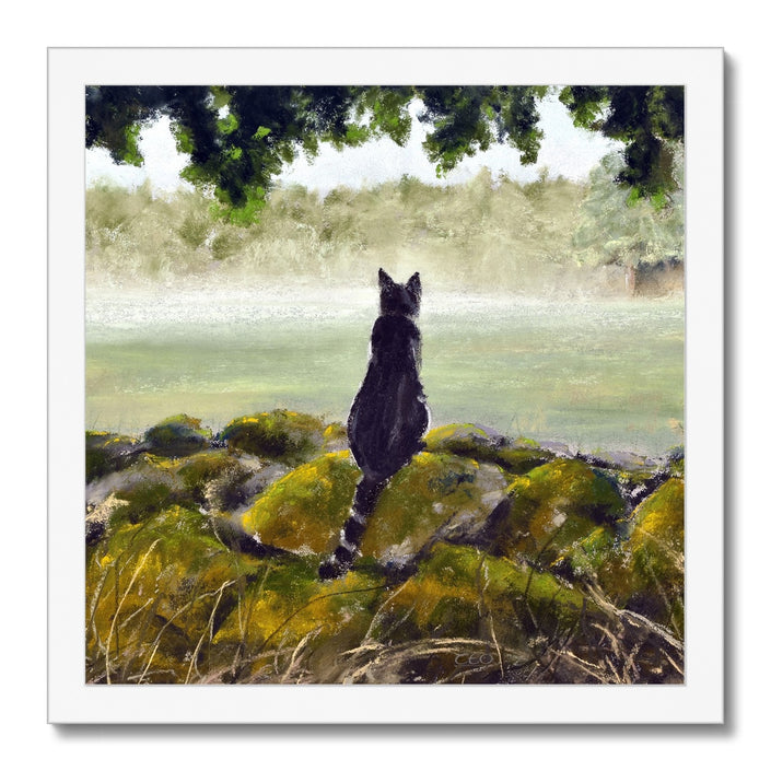 Black cat overlooking a misty landscape art print in a white frame